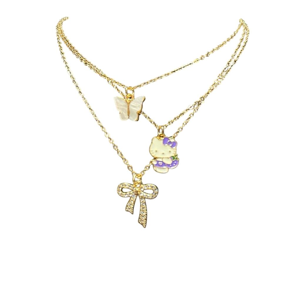 Kitty Necklace x 3 with stud earrings. NWT. Costume jewelry Gold Tone